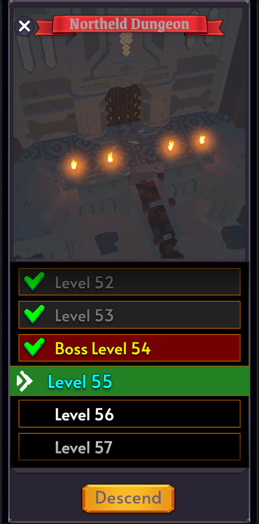 The Descend menu — level 52, 53, Boss 54, level 55.