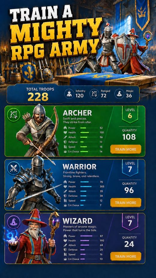 Train a mighty RPG army — Archer, Warrior and Wizard.