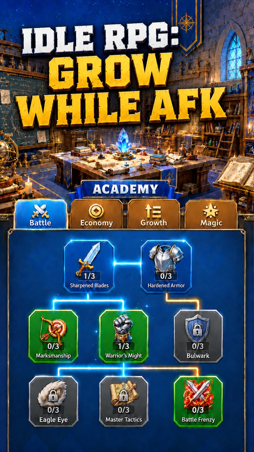 Idle RPG — research at the Academy and grow while AFK.